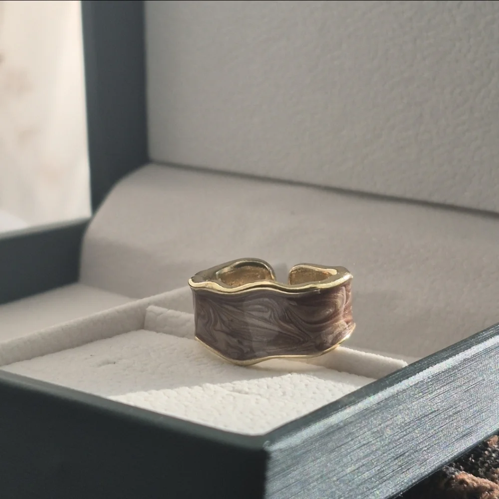Chocolate Brown Enamel  Gold Ring - Picture 2 of 5